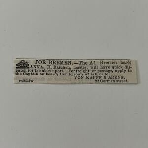 Bark Anna Von Kapff & Arens H Raschen 1862 Civil War Baltimore Clipping SAJ2-S25